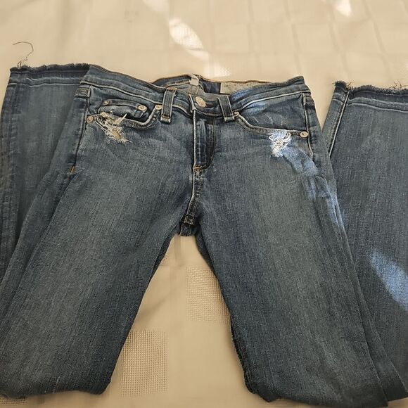 Women's Blue Distressed Jeans With Raw Hem - Picture 11 of 16